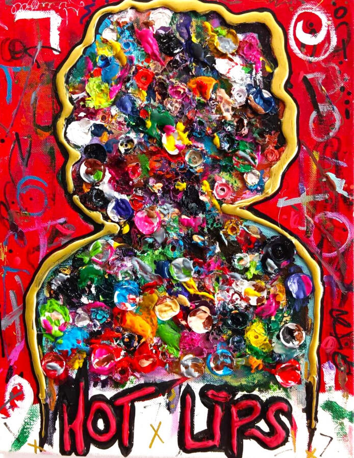 Hot Lips 11x14 canvas with tons of paint pieces in the shape of Marilyn Monroe silouette. The silhouette is raised and painted gold. At the bottom is raised lettering that says "Hot Lips"