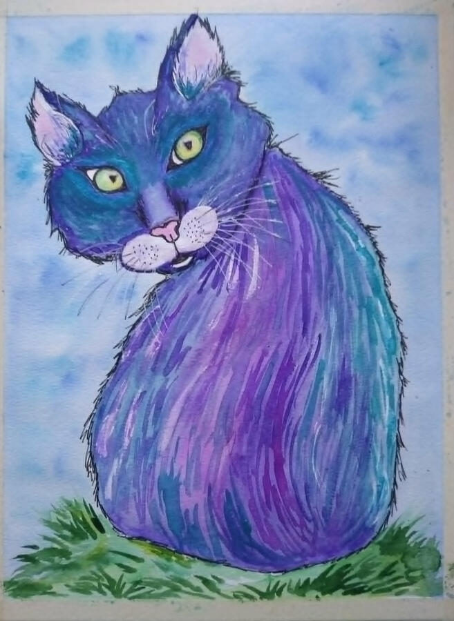 purple and blue cat, back facing viewer, watercolor