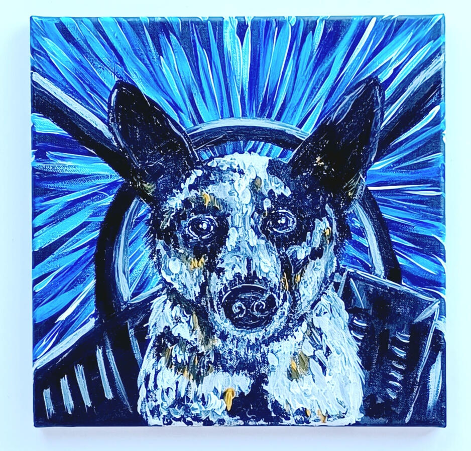 Dog painted on square canvas was acrylic paint. Background is the scene from Star Wars where they are in the ship and the stars are going by really fast.