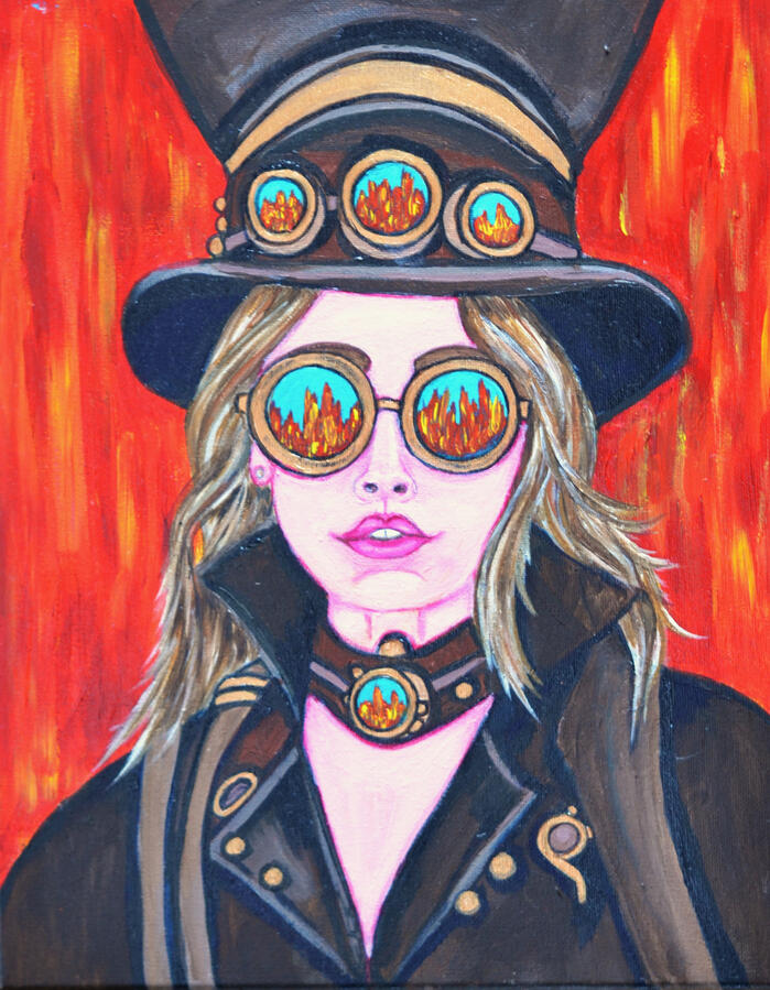 Steampunk Girl Red and yellow background, looks like fire. Acyrlic painting of a steam punk girl wearing brown leather jacket and hat. Brown leather choker with looking glass with fire reflection. Same on the hat and she's wearing glasses with a fire background reflectin