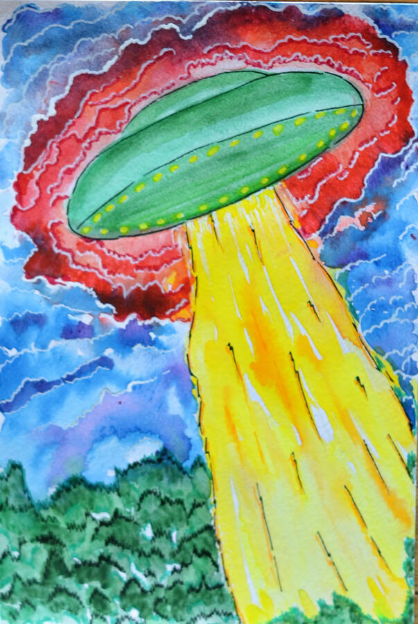 UFO Watercolor green spaceship, red clouds around space ship, blue sky with yellow beam coming down. Cartoon style
